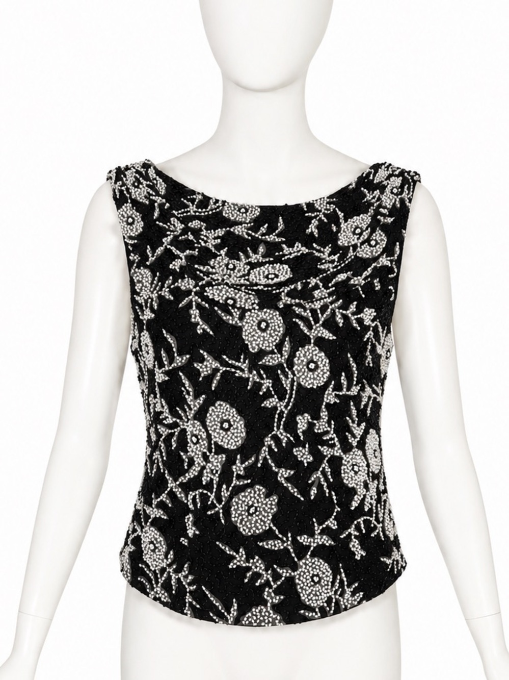Vintage Cache Beaded Silk Sleeveless Top – Black & White Size S